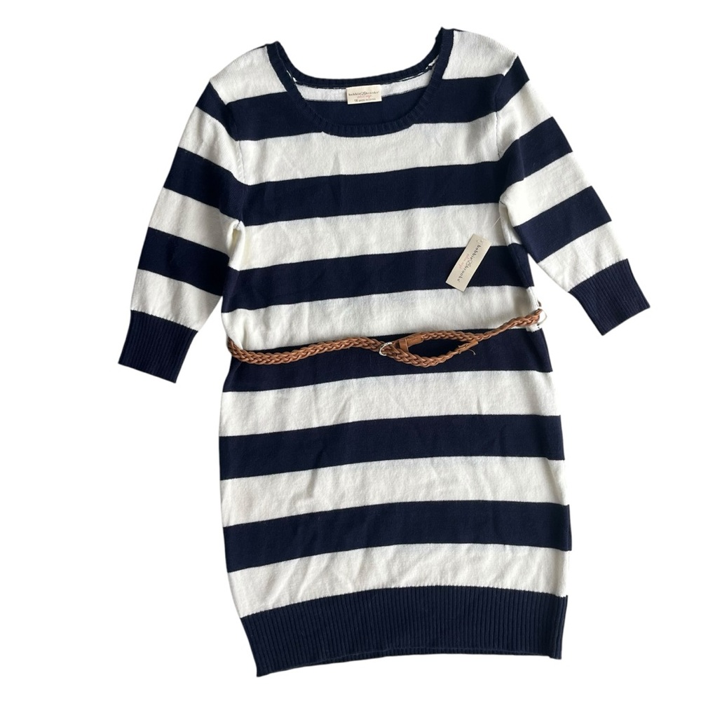 Bobbie Brooks Women Sz 1X Navy Cream Stripe 3/4 Sleeve Belted Knit Sweater Dress